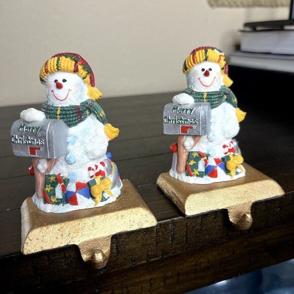 Vintage Heavy Snowman Stocking Holders Set 2 Metal Base Christmas Mantel Hooks - Picture 2 of 6